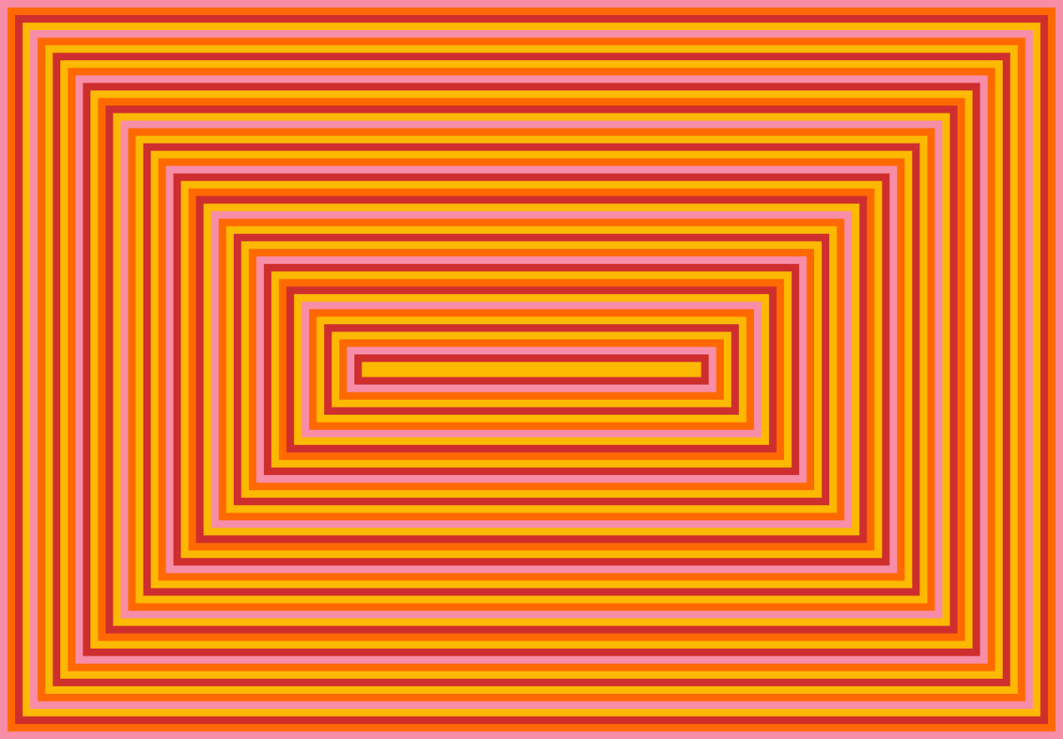 Pink, orange, red, yellow outlines of rectangles in a pattern of increasingly smaller rectangles.