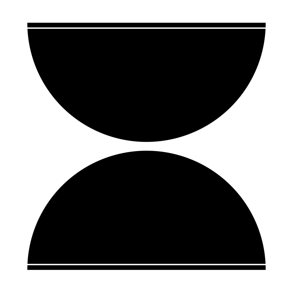 Two black halves of a circle facing away from each other placed perfectly one on top of the other.