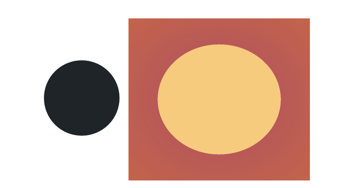 Smaller black circle next to a larger yellow circle inside a red square.