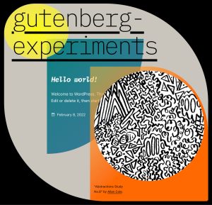Layered colors with black in the background, grey, orange, blue, and yellow shapes with the phrase "Gutenberg experiments" displayed on top.
