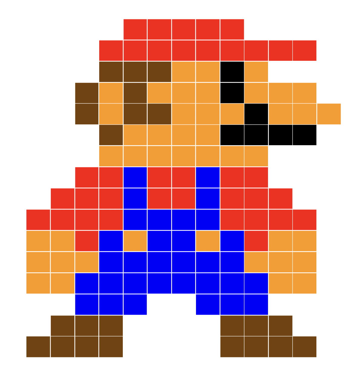 Outline of a person in blocks with a blue and red outfit, including a red hat.