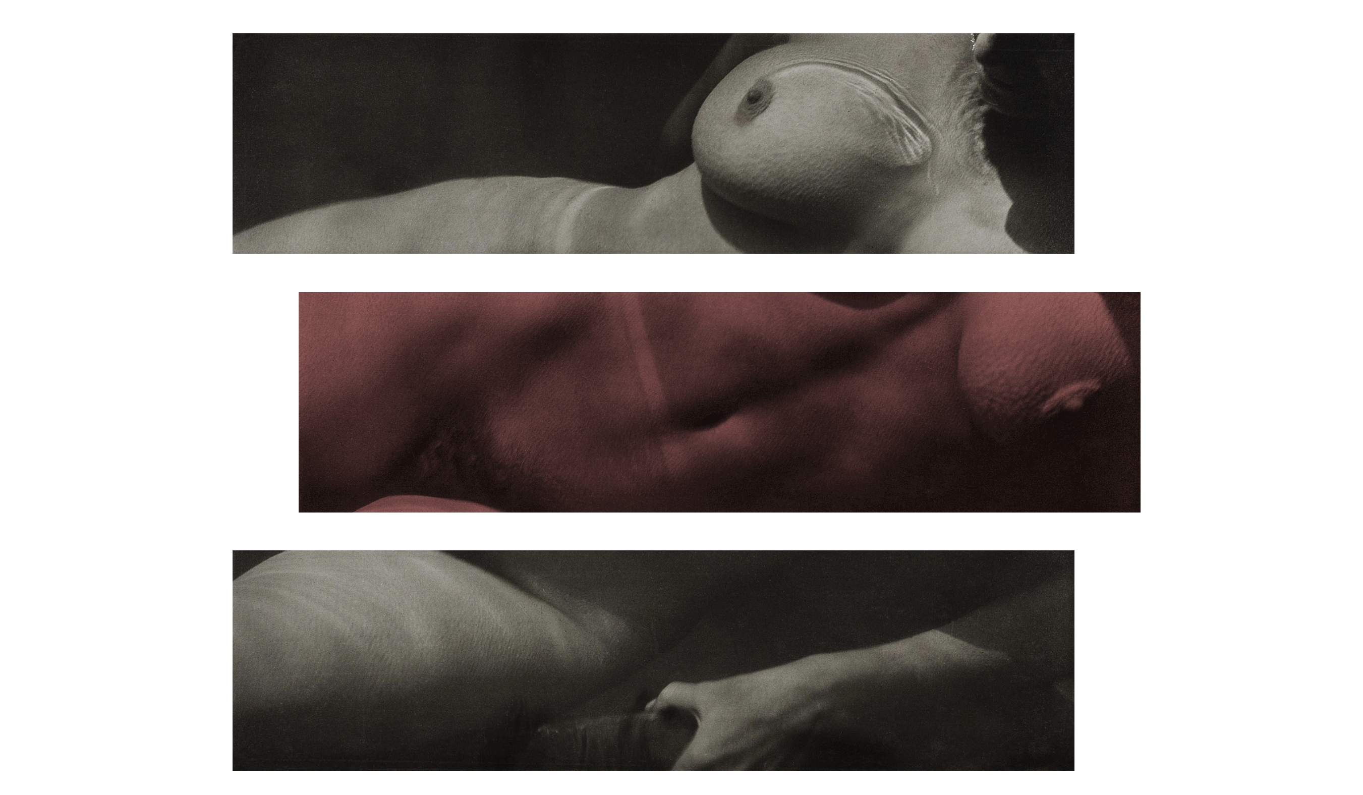 Image of a nude woman's body split across three different sections with the middle image showing a red gradient.
