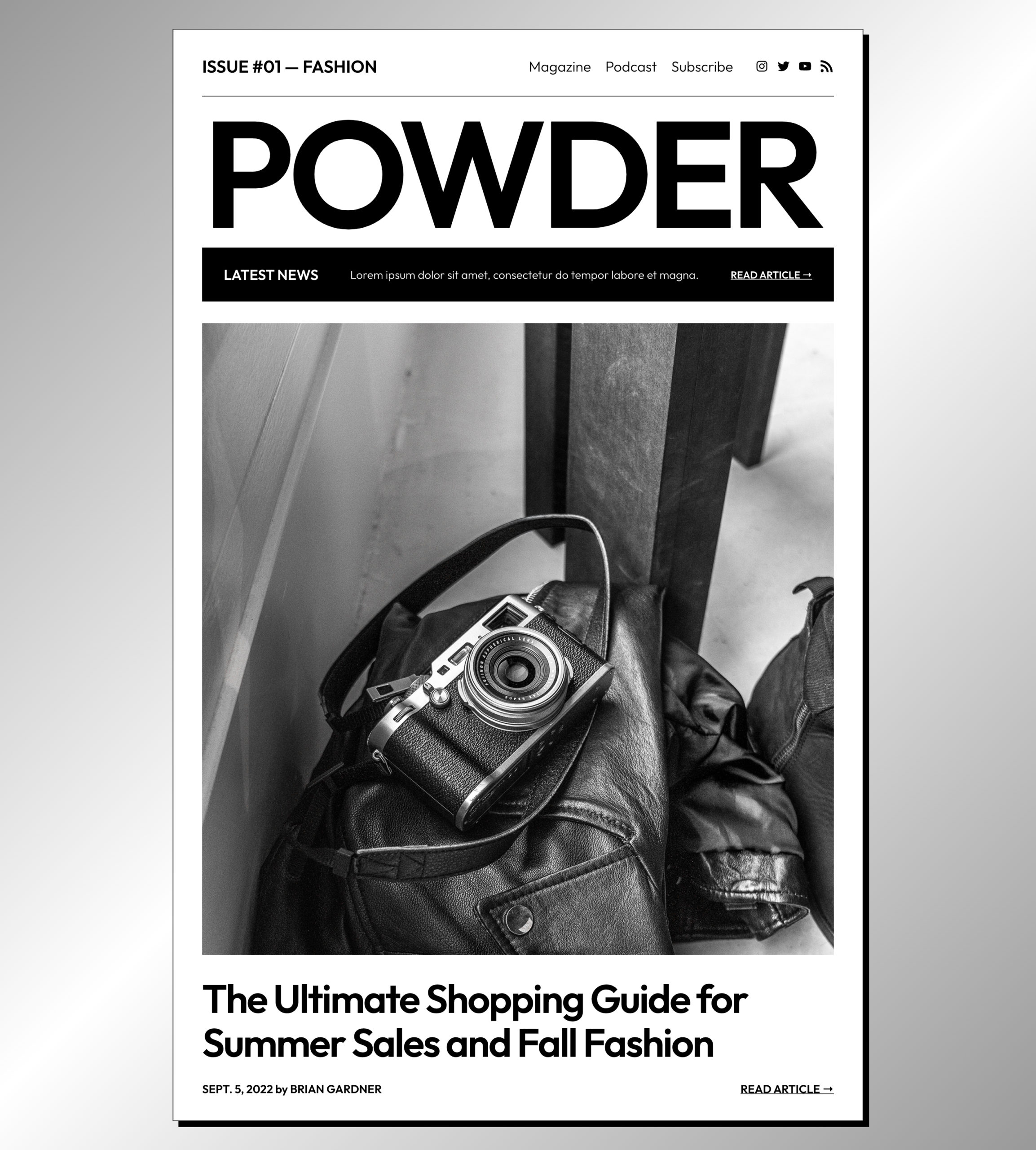 Black and white image of a magazine cover with the words POWDER at the top.