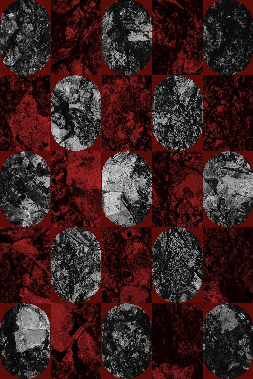 Red and black art in a checkered pattern that forms a larger photo