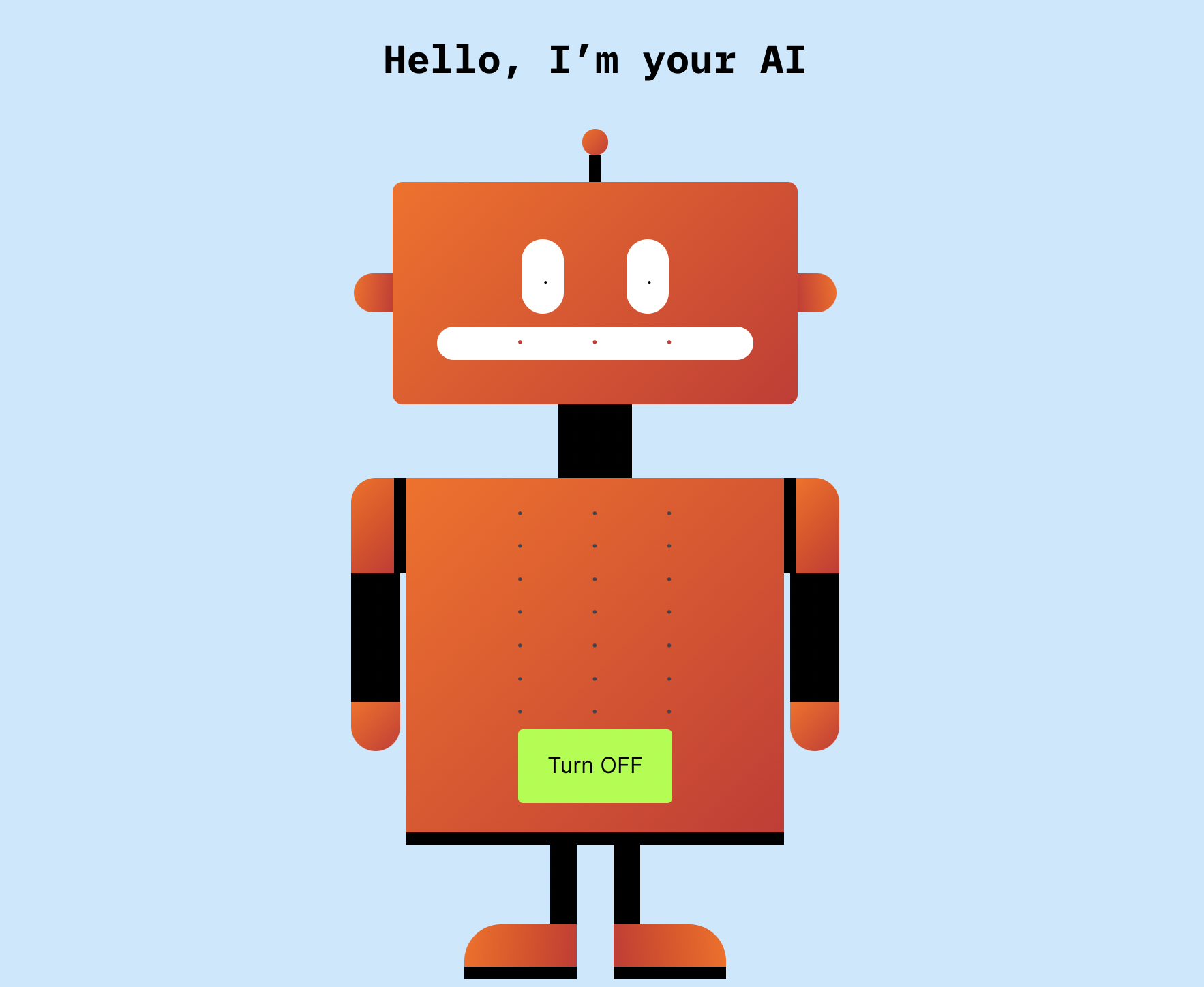 Orange robot on a blue background saying "Hello, I'm your AI" with a lime green Turn Off button