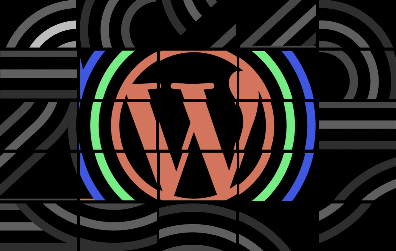 WordPress logo in a colorful array surrounded by black and white squiggly lines.