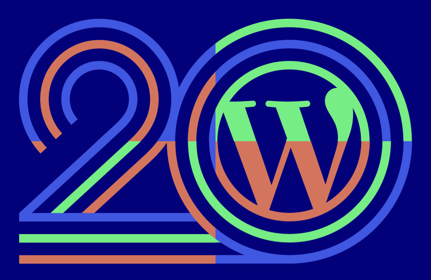 20 with a WordPress logo inside the zero in a colorful array, divided into four squares with a shared color combination.