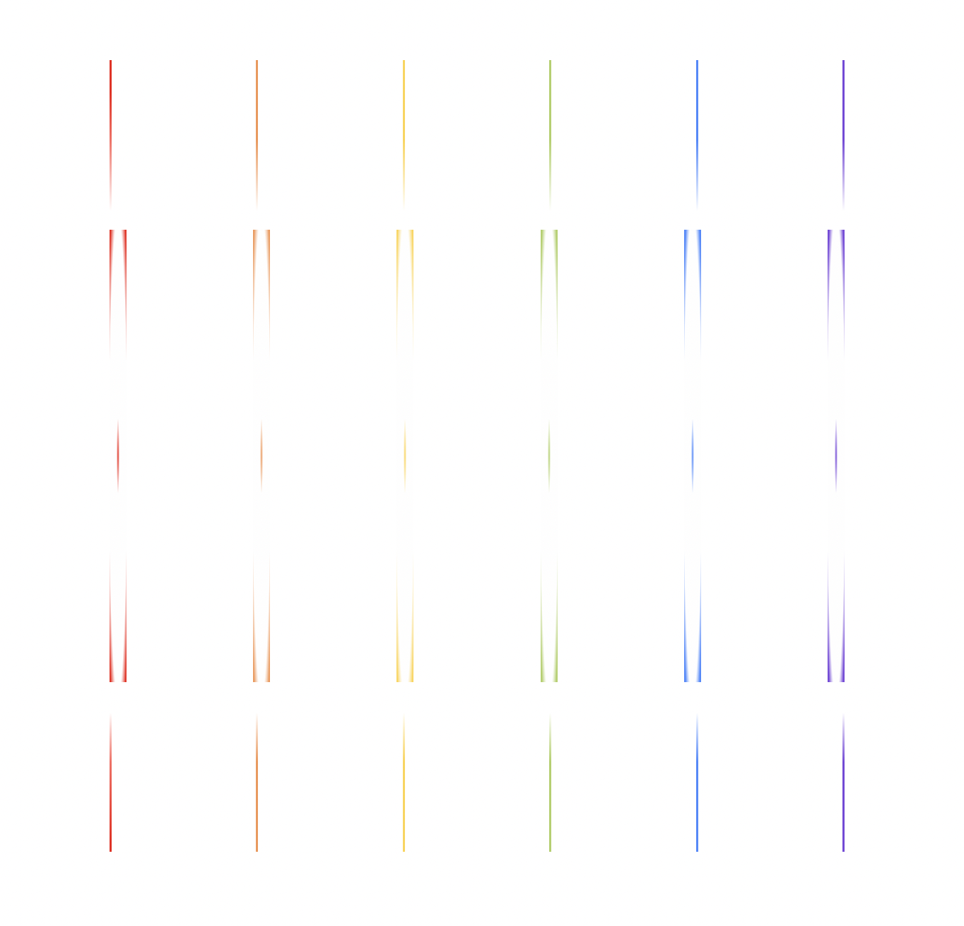Red, orange, yellow, green, blue, and purple columns of color in equal parts interrupted by nebulous sections of white, creating an optical illusion like effect in the center of the image.